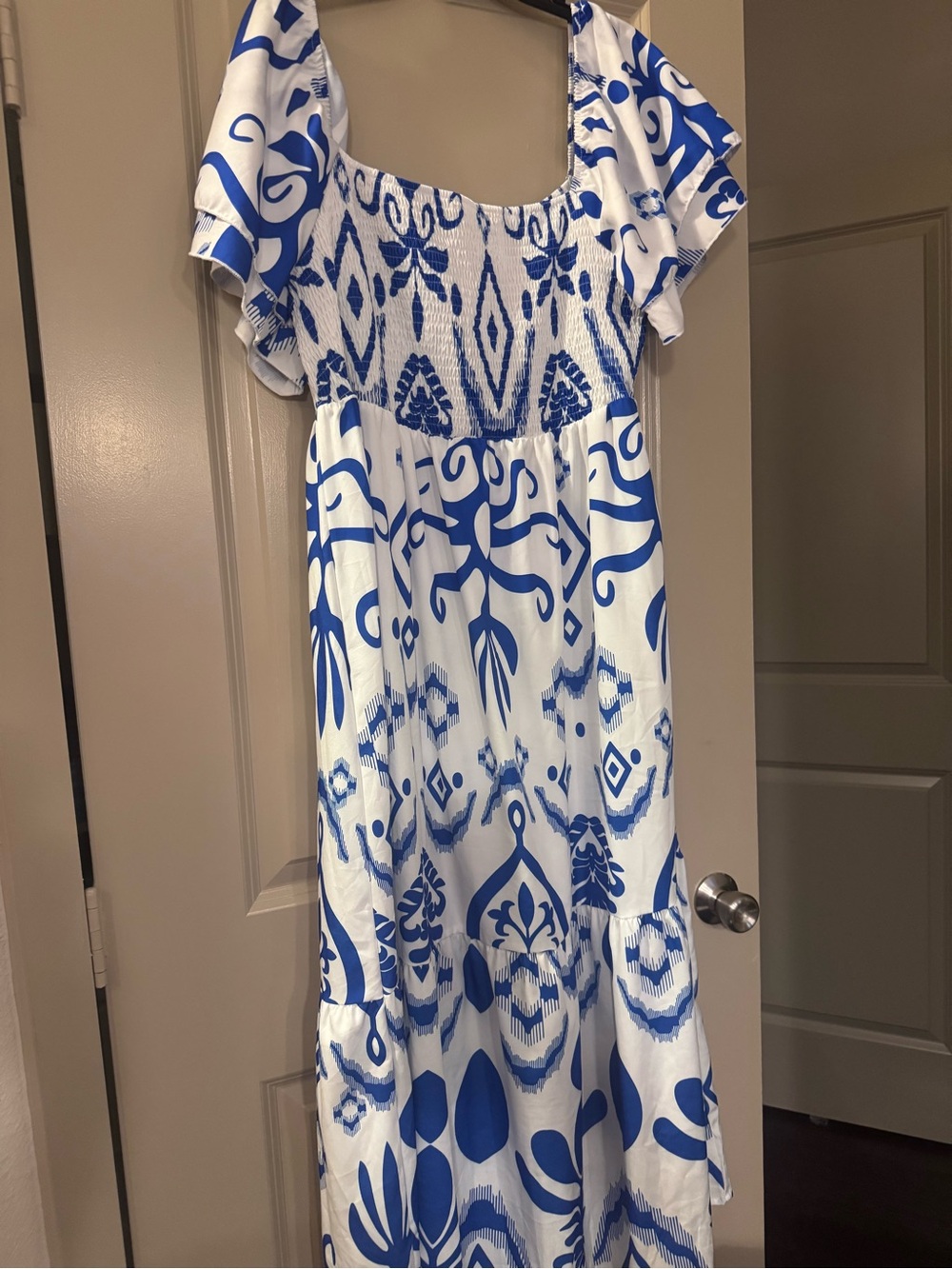 SHEIN White Maxi Dress with Bold Blue Print